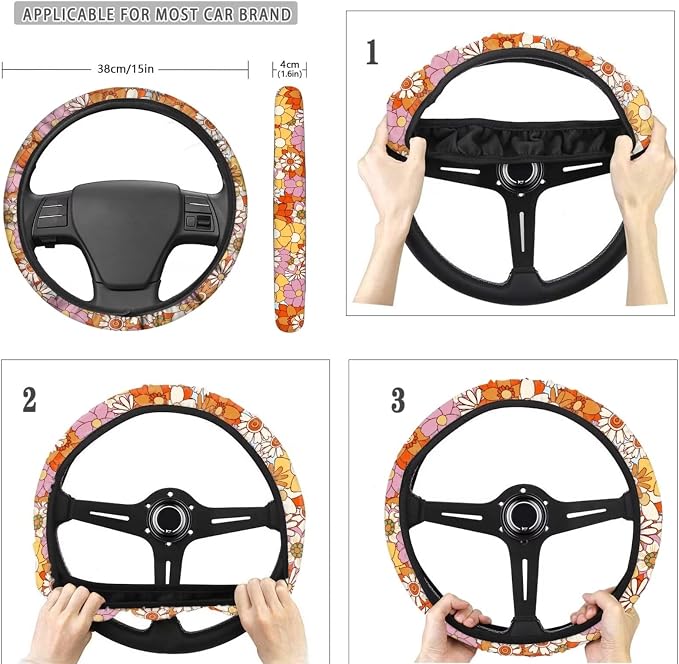 POLERO 70S Car Seat Covers Set for Women Groovy Floral Steering Wheel Cover Retro Hippie Flower Seatbelt Covers Cupholder Coasters with Cute Keychains, 11pcs