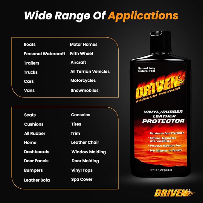 DRIVEN Vinyl/Rubber/Leather Protector with Rich Gels, Protective Polymers & UV Sunscreen - for Car, Boat, RV Interiors, Furniture, Apparel, Boots, & More - Prevents Fading, Cracking & Discoloration