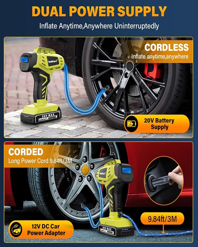 Tire Inflator Portable Air Compressor, 160PSI 20V Cordless Car Tire Pump, Rechargeable Battery Powered Air Compressor w/12V DC Adapter YELLOW-GREEN