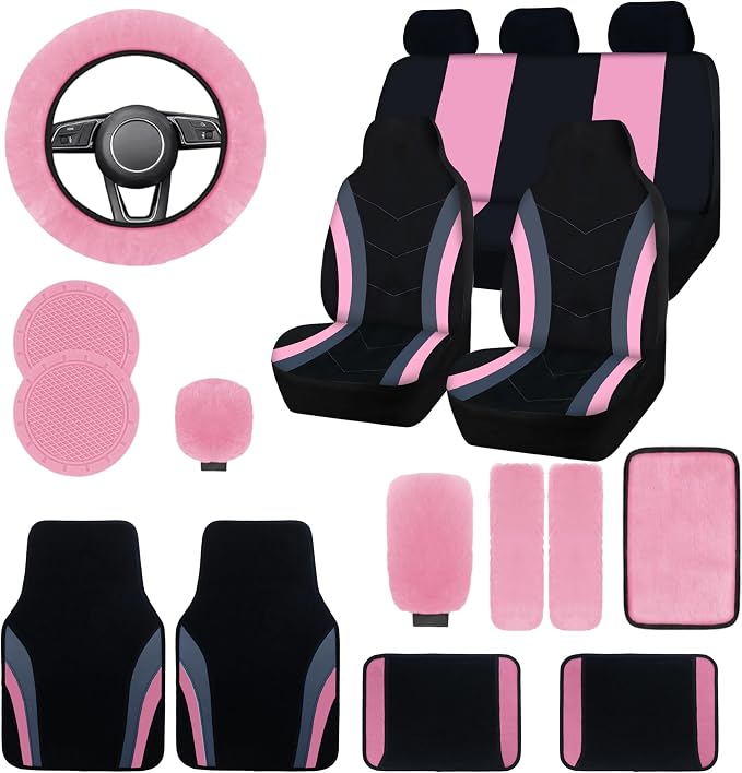 High Back Curved Car Seat Covers,Universal Car Seat Cover Full Set,Plush Steering Wheel Cover,Fit Sedans,Cars,Vans,SUV,Truck (Pink)