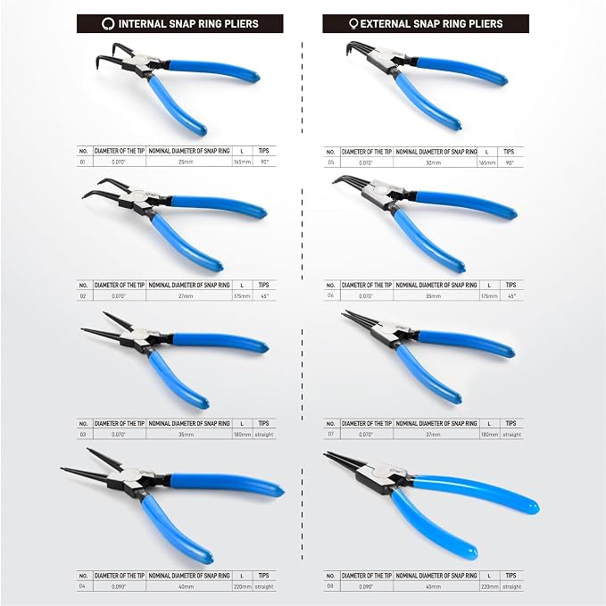SMOTIVEPRO 8 Piece Precision Snap Ring Pliers Set – 7" & 9" Internal/External Circlip Pliers, 3 Angle Tips (0° 45° 90°), Heavy Duty CR-V Steel