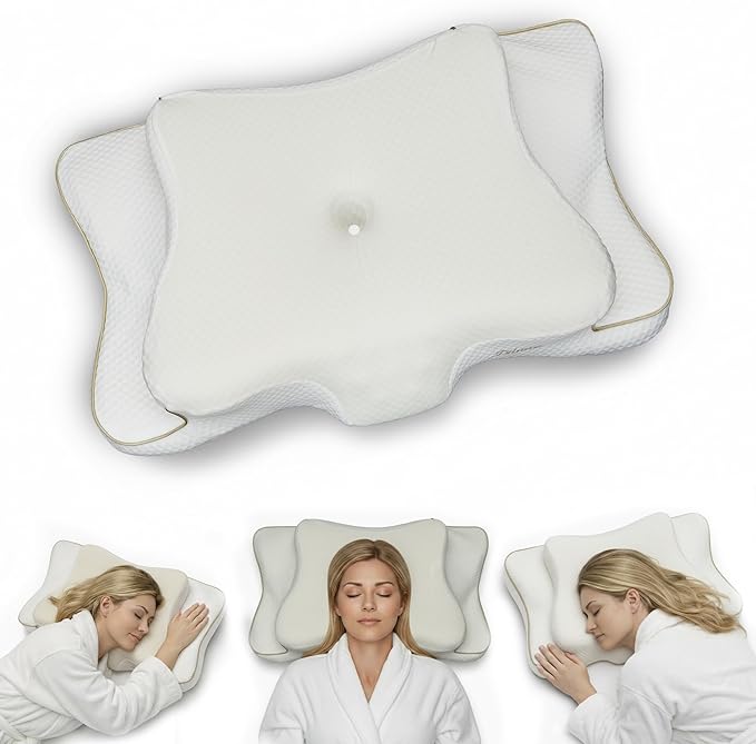 Ergonomic Cervical Neck Pillow for Sleeping – Cooling Memory Foam Cervical Pillow for Side Sleepers and Back Sleepers – Contour Neck Support (White/Gold, Cooling)
