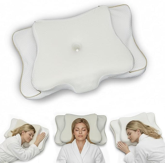 Ergonomic Cervical Neck Pillow for Sleeping – Cooling Memory Foam Cervical Pillow for Side Sleepers and Back Sleepers – Contour Neck Support (White/Gold, Cooling)