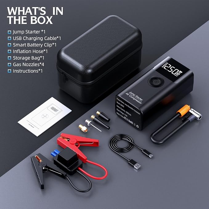 10-in-1 Jump Starter with Air Compressor, 3500A 150PSI Portable 12V Jump Box Car Battery (9 Gas/8 L Diesel), with Auto-Shutoff Tire Inflator, Power Bank, LED Lights, Large LCD Display
