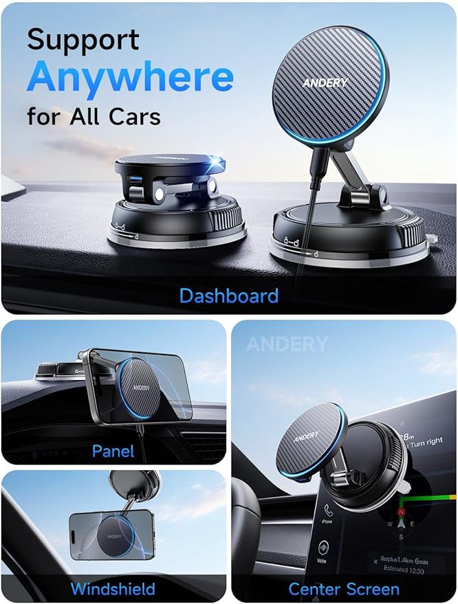 ANDERY Only for iPhone Magsafe Car Mount Charger [15W Fast Wireless Charging, 78+LBS Strong Suction 2400gf Strong Magnetic] 360° Adjustable Car Phone Holder, Phone Holders for Your Car for pats & mats