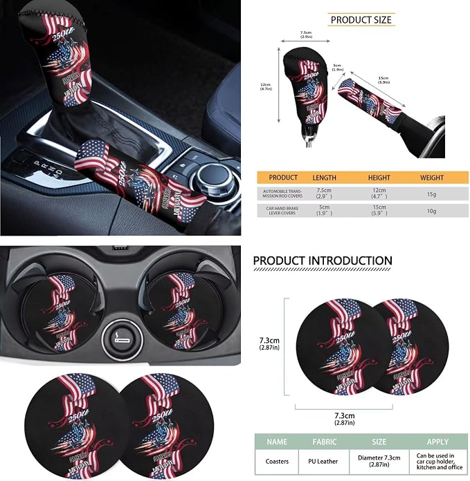 American Flag Print Car Seat Cover Full Set 250 Years Theme Bucket Seat Covers for Car Front Back Seats with Headrest Covers Steering Wheel Cover Safety Belt Pads Cup Coasters