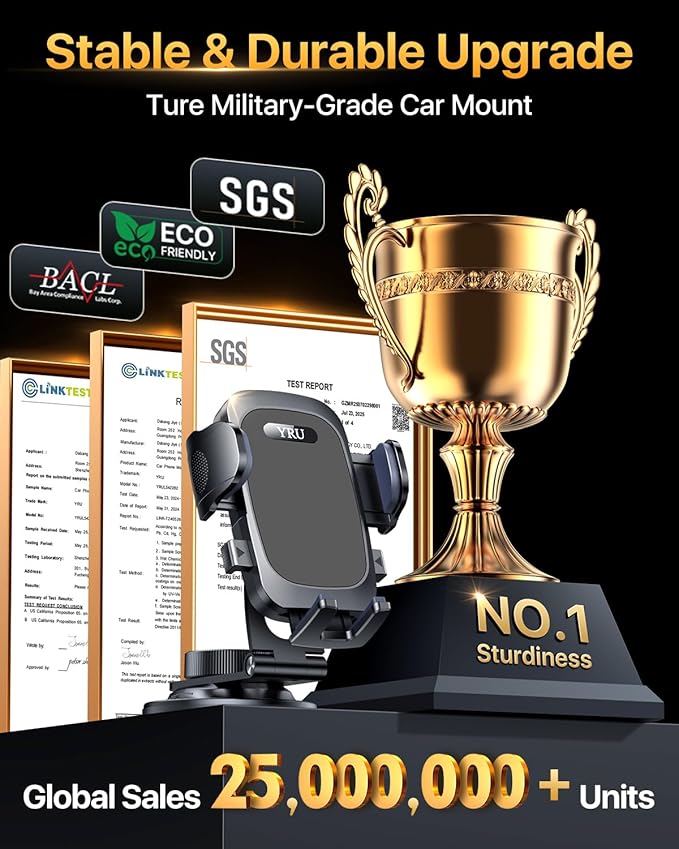 YRU [Military-Grade for Tesla Phone Mount & 360° Rotatable Suction] 2026 Upgraded Car Phone Holder Mount 【90+LBS Safest Strongest & Patent Certs】 for All Phones for Tesla Model 3 Y Cybertruck (Gray)