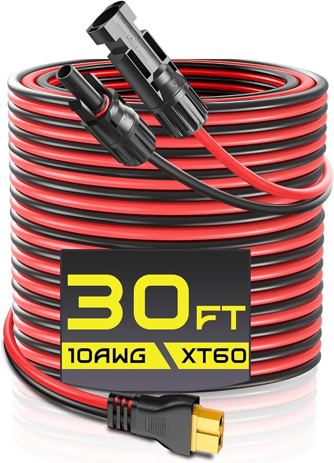 30FT 10AWG XT60 Solar Charging Cable, GIBBAB Solar Panel Connector to XT60 Extension Charge Adapter Cable with Caps & Wire Ties for LiFePO4 Battery RV Portable Power Station Generator