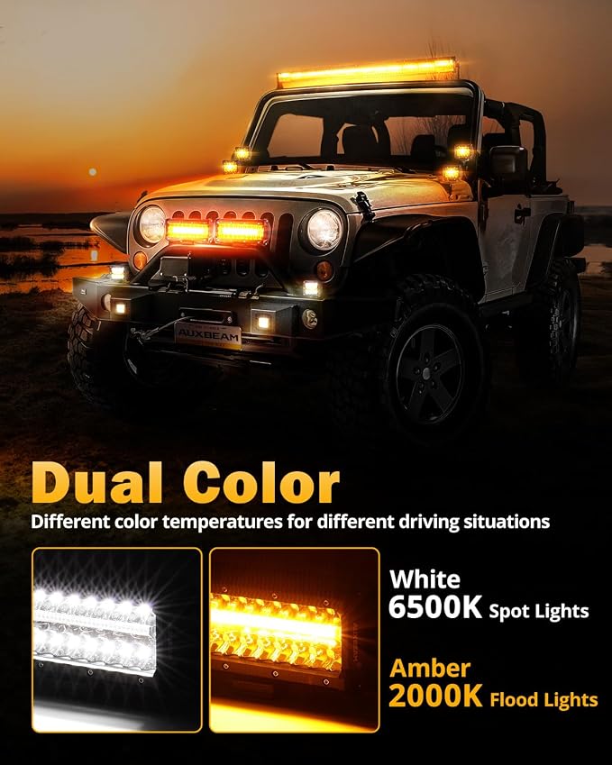 Auxbeam 6 Modes Amber White Series 7-Inch 300W LED Pods Light Bar | Spot flood combo, Dual color, Flashing strobe lights, Memory function, Truck fog lights, for Jeep car motorcycle ATV