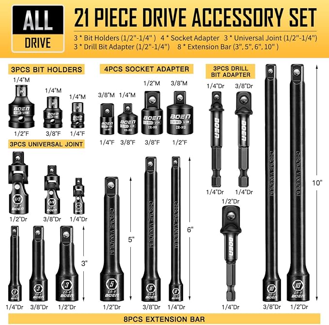 BOEN 21-Pc Tool Accessory Set and 8-Pc Adapter/Reducer Kit Bundle
