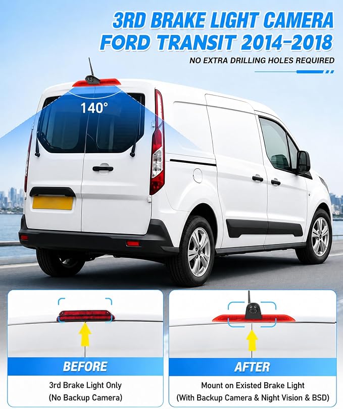 7'' Monitor Rear View Cam for Ford Transit 2014–2018,3rd Brake Light Replacement Cam,Black&White Night Vision,IP67,BSD Blind Spot Detection, Loop Recording,Parking Guide Lines,Adjustable Viewing Angle
