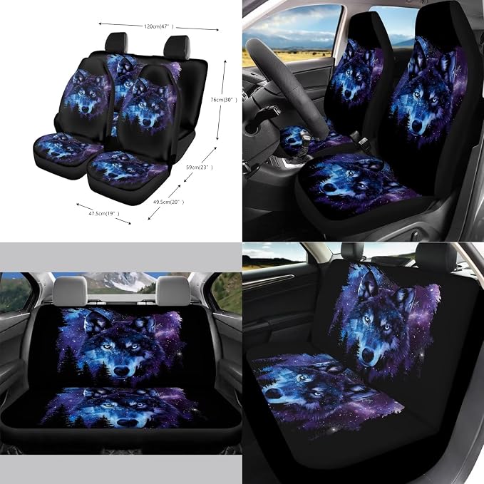 Wolf Forest Galaxy Pattern Car Accessories Car Seat Covers Full Set with Steering Wheel Covers+Seat Belt Pads+Coasters+Keychain+Lipstick Holder Universal Fit(13 Pack)