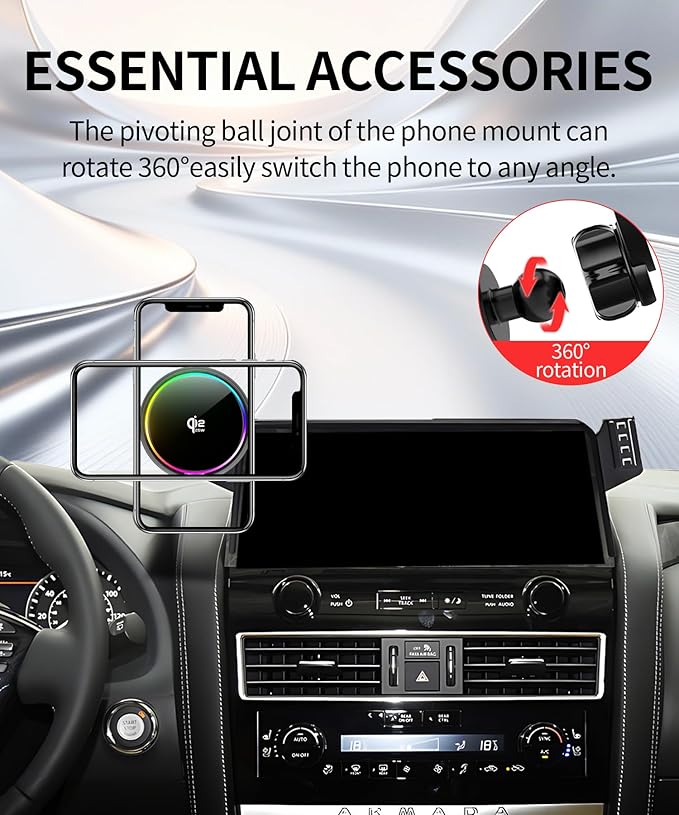 Qi2.2 25W Magnetic Car Mount Charger for Nissan Armada 2021 2022 2023 2024 Accessories, for Fast Charging Cell Phone Holder 12.3 Inch Screen Fixed Clip with Cooling Fan＆54W Fast Adapter