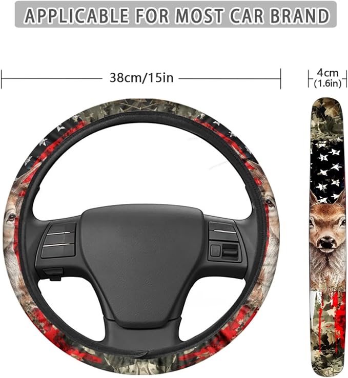 Deer Leaf American Flag Pattern Auto Accessories Set of 13, Car Front and Back Seat Covers Full Set + Steering Wheel Cover + Safe Belt Pad for Car + Coasters with Notch