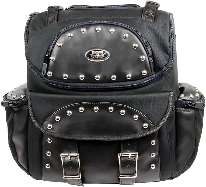Milwaukee Leather SH602S Medium Black Textile Two Piece Studded Touring Sissy Bar Motorcycle Bag - Medium