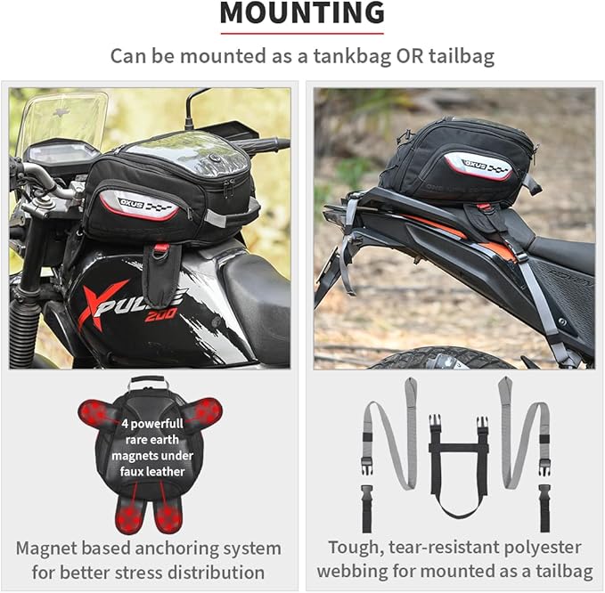 ViaTerra Oxus Magnetic Motorcycle Tank Bag |13L Capacity, Converts to Backpack, Scratch-Free Base, EBC Net, External Rain Cover | Universal Fit for Touring & Adventure Riding