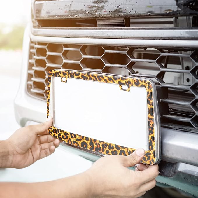 Tallew 10 Pieces Leopard Print Car Accessories Set Diamond Cheetah Leopard Steering Wheel Cover Seat Belt Licence Frame Armrest Pad Cover Cup Holder Keyring Bracelet for SUV Car Truck