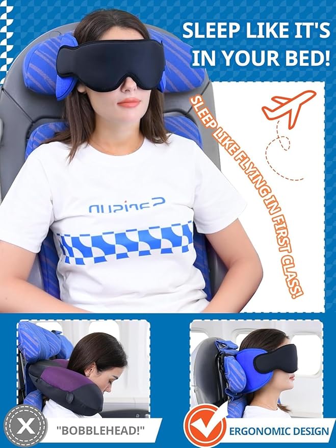 SARISUN Airplane Pillow, Travel Pillows for Airplanes with Sleep Eye Mask, 360° Airplane Pillow for Long Flights, Car Road Trip, Car Headrest, Stop Bobblehead, Combo with Chin Strap,2-Pack Black