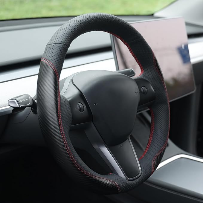 MEWANT Hand Stitch Steering Wheel Cover for Tesla Model 3 2017-2023 Model Y 2020-2023 Black Faux Leather PU Carbon Fiber Custom Fit DIY Wrap Interior Accessories