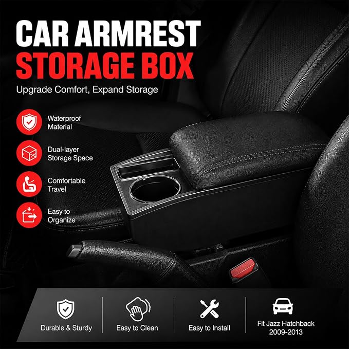 Car Armrest Box Compatible with Honda Fit Jazz Hatchback 2009-2013 Accessories Storage Center Console Double Layer Armrest Organizer Box with Cup Holder Black Stitching