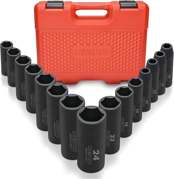 Neiko 1/2" Impact Socket Set, 14 Piece SAE Deep Socket Set (3/8-Inch to 1-1/14") and 15 Piece Metric Deep Socket Set (10-24 mm)