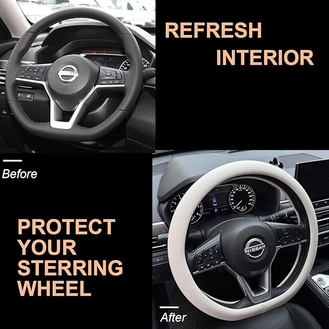 PINCTROT D Shaped Nappa Leather Steering Wheel Cover, Slim Fit No Bulk Design, One Piece Leather with Breathable Perforation, Fit Like Gloves, Flat Bottom 14.5-15 Inch(Nappa White)