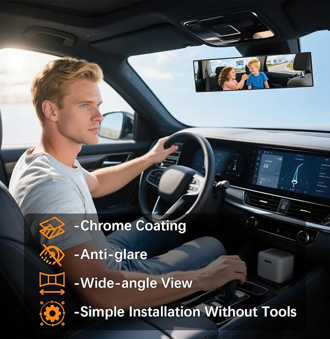 Rear View Mirror, Chrome Anti-glare Panoramic Rear Mirrors Universal 16 Inch Convex Interior Clip on Extra Big Wide Angle Rearview Mirror Extender to Reduce Blind Spot for Pickup Truck Van