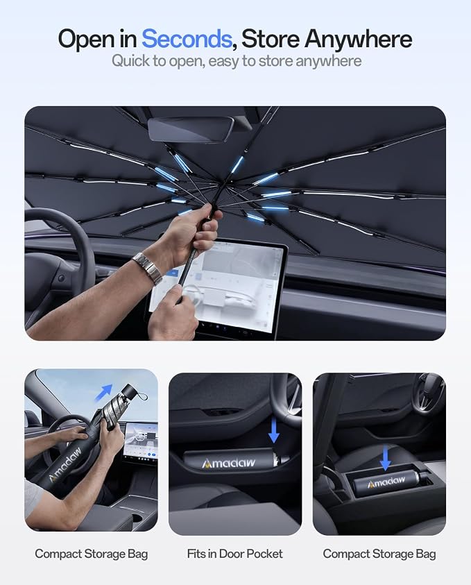 Windshield Sun Shade for Tesla Model Y 2020-2026 (Include Juniper), Foldable Umbrella Sunshade with 100% UV Block, Multi-Layer Heat Insulation, Keeps Car Cooler, Summer Car Accessory