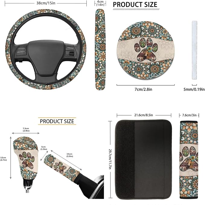 Tupalatus Fashion Car Seat Covers Front Set of 9 with Steering Wheel Cover Auto Seat Belt Cover Coasters Gear Shift Cover Hand Brake Cover Automotive Interior for Men Women Paw Print Flower