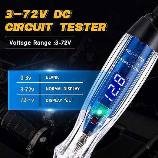 Test Light Probe Kit, 3-72V DC LED Digital Automotive Circuit Tester with Voltmeter, 18 Pieces Multi Function Auto Fuse Voltage Tester Electric Probe Test Kit