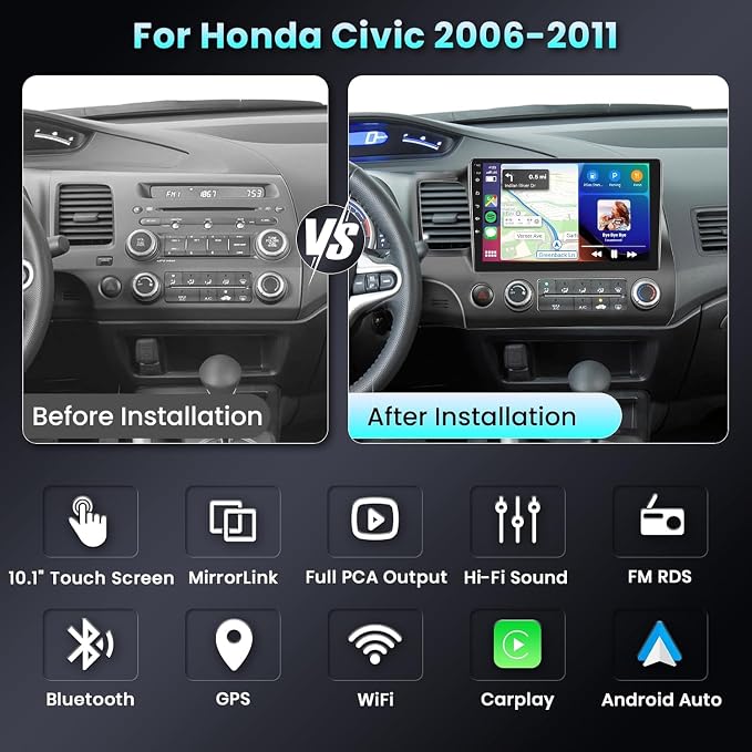 Podofo Radio for Honda Civic 2006 2007 2008 2009 2010 2011 Car Stereo with Wireless CarPlay Android Auto 10.1 Inch 1080P Touchscreen 5G WiFi DSP EQ GPS Bluetooth RDS FM Camera 4Core 64G