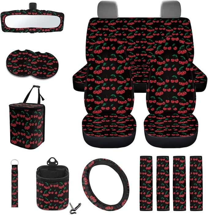 Wanyint Cherry Black 15 Pcs Car Seat Cover Full Set with Auto Steering Wheel Cover Seat Belt Strap Pads Cup Coasters Trash Bag Air Vent Storage Bag Rearview Mirror Cover Keychain Auto Interior Decor