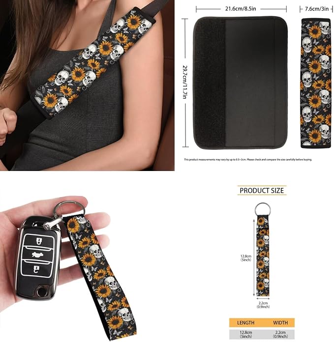 Sunflower Skeleton 15 PCS Car Seat Cover Full Set with Steering Wheel Cover Seat Belt Strap Pads Cup Coasters Trash Bag Rearview Mirror Cover Keychain Auto Interior Decor
