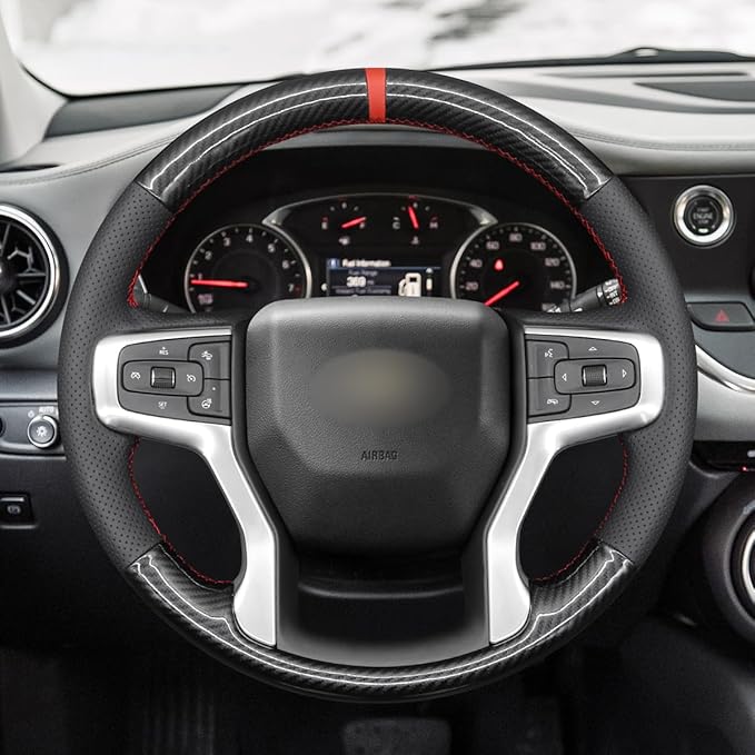 MEWANT DIY Black Genuine Leather PU Carbon Fiber Steering Wheel Cover for Chevy Blazer Silverado 1500 2500 Suburban