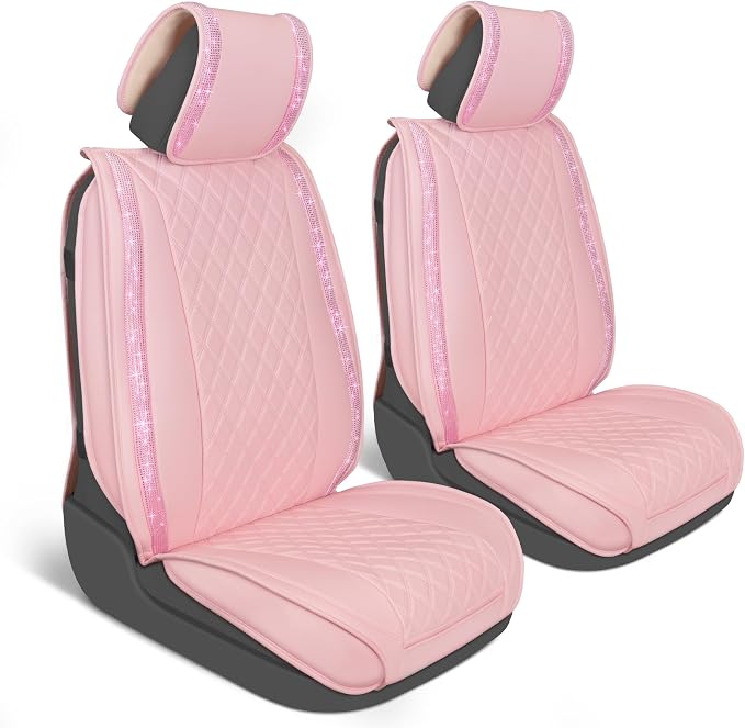 MotorBox Car Seat Covers for Women, Sparkle Series Diamond Stitched Leather Seat Covers, PU Leatherette Front Pink Seat Covers with Rhinestone Crystal Bling Accents