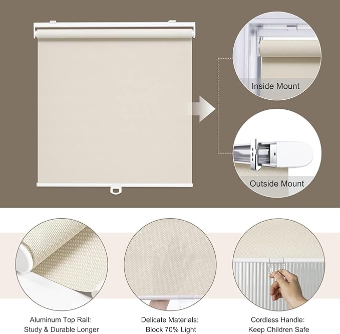 Customize Cordless Roller Shades for Windows Light Filtering Shades with 5% Openness Solar Screen Semi Sheer Roller Blinds UV Protection for Office and Home Beige