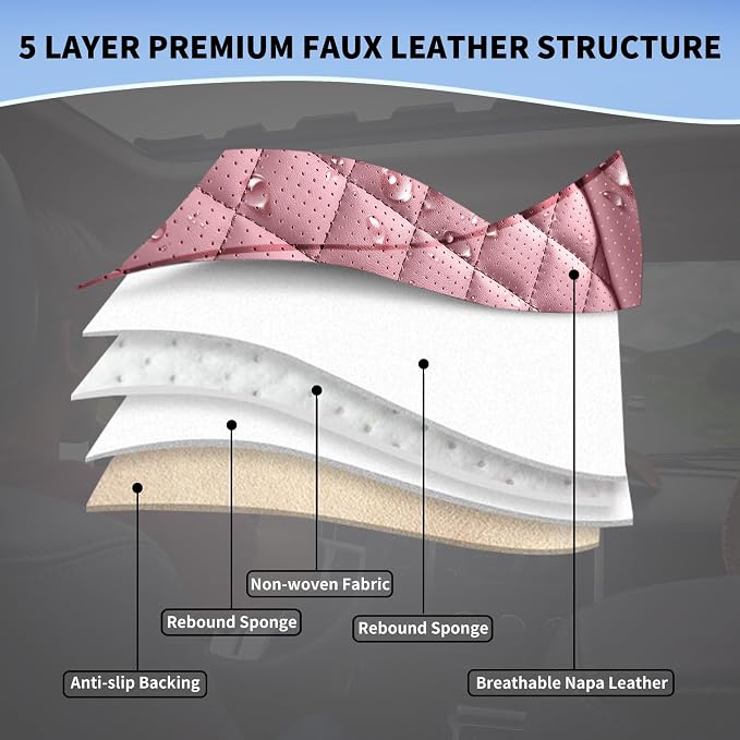 Pink Leather Car Seat Covers Full Set Breathable Seat Protectors Waterproof Automotive Seat Covers Universal Fit for Most Cars SUVs Trucks Vehicles