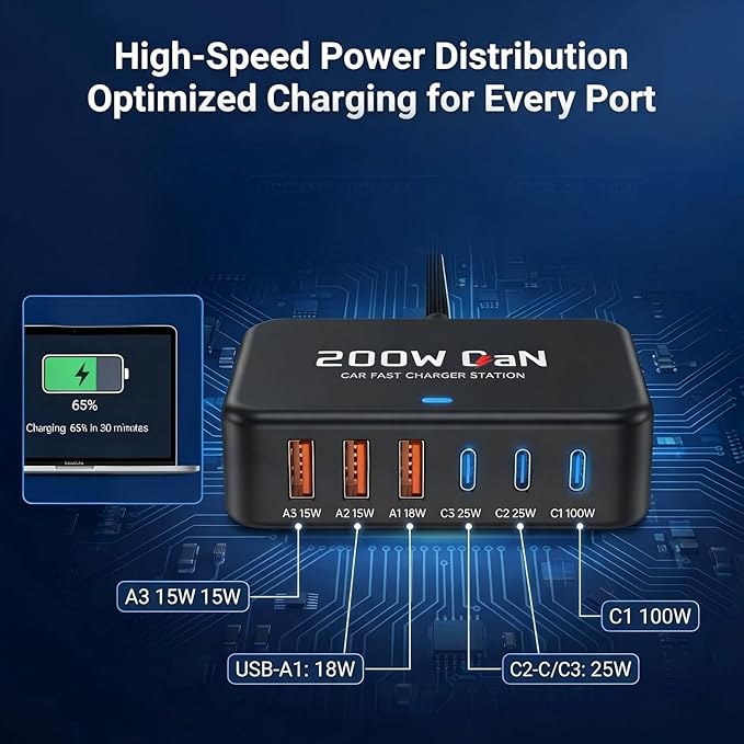 200W 6-Ports Fast USB C Car Charger，PD Type C Laptop Car Charger Power Adapter for MacBook pro/Air,Dell XPS 15/17,Lenovo/HP Laptop,QC3.0/PPS Car Charger for iPhone 17/16/15, Galaxy S26 Ultra/S25,ect