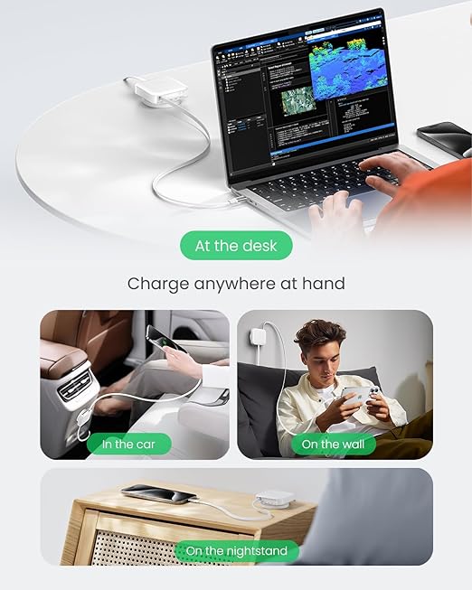 Fasgear Retractable USB C Cable Desk Mount White Type-C Cord 60W PD/PPS Fast Charging Compatible with iPhone 17 16 15 Pro/iPad Pro/MacBook/Samsung (2pack, 4.6ft)