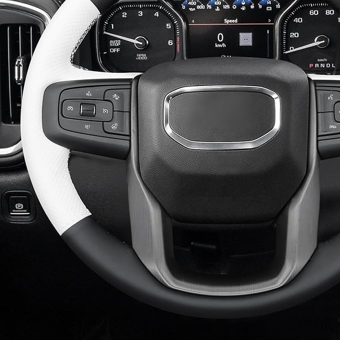 MEWANT DIY Stitched White Leather Steering Wheel Wrap Cover for GMC Sierra 1500 2019-2023 / Sierra 1500 Limited 2022 / Sierra 2500 2020-2024 / Sierra 3500 2020-2024 / Yukon (XL) 2021-2023 Accessories