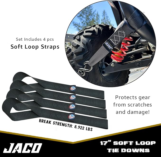 JACO Heavy Duty Ratchet Straps - 1.6 inch x 8 ft (Pack of 4) | Tie Down Kit with Soft Loops - 5,208 lbs (Black)