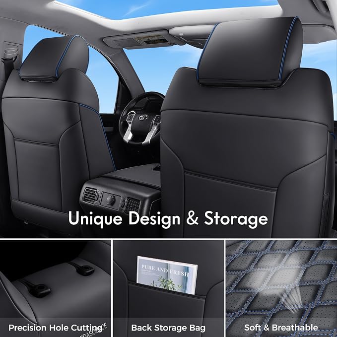 Huidasource Custom Fit Tundra Car Seat Covers Full Set, Waterproof Front&Rear Seat Cushion Fit for 2014-2021 Toyota Tundra CrewMax Pickup Truck (Full Set/Black&Blue)