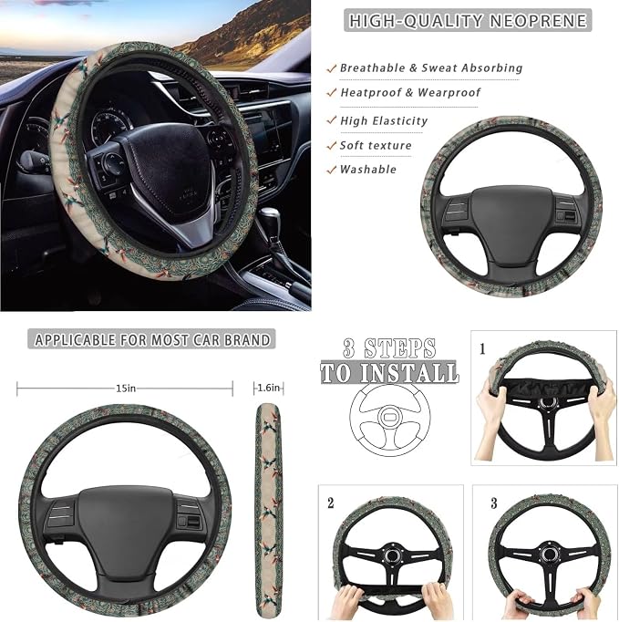Suobstales Boho Hummingbird Mandala Car Seat Cover for Women Full Set SUV Interior Accessories Front/Back Bench Bucket Seat Cover,Steering Wheel Cover,Seat Belt Cover,Cup Holder Coasters,Keychain