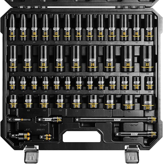 BOEN 1/2" Drive Impact Socket Set, 50-Piece Metric (8-32mm) Deep & Standard Sockets with Paint-Filled Markings, Includes Extensions, Adapter & Universal Joint