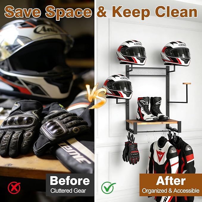 Wall Mounted Motorcycle Helmet Holder, Heavy-Duty Helmet Rack with 4 Helmet Mounts & 4 Glove Clips, Rustic Wall Mounted Organizer with 4 Hooks for Motorcycle Helmets, Shoes, Accessories