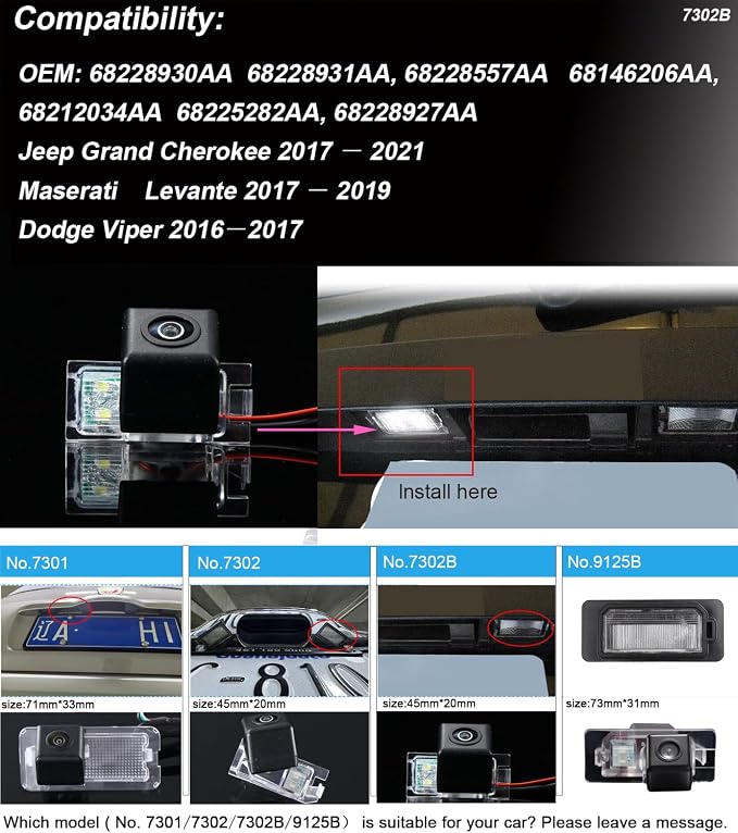 HD Auto 170° License Plate Light Rear View Reversing Backup Camera Parking System Compatible with Fiat Abrath 500 500X 595 695 500C 595C 695C/FWD 312/Jeep Grand Cherokee/Maserati Levante/Dodge Viper