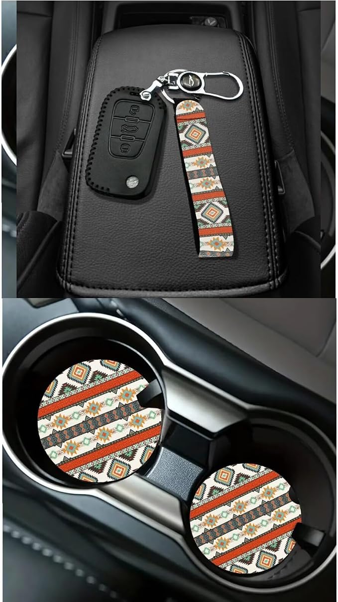 XYZCANDO Ethnic Tribe Auto Seat Cover Sets 15 PCS Car Seat Cover Set Car Rear View Mirror Cover Steering Wheel Cover Seat Belt Pads Cover Garbage Bag Storage Box Coasters Keychain Fit Most Cars