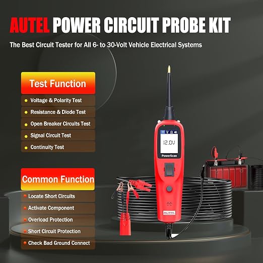 Autel PowerScan PS100 Power Circuit Probe Scan Tool Automotive Circuit Tester, Read AC DC Resistance 12-24V Electrical Short/Open Circuit Finder, Relay Tester with 20ft Extension Cable