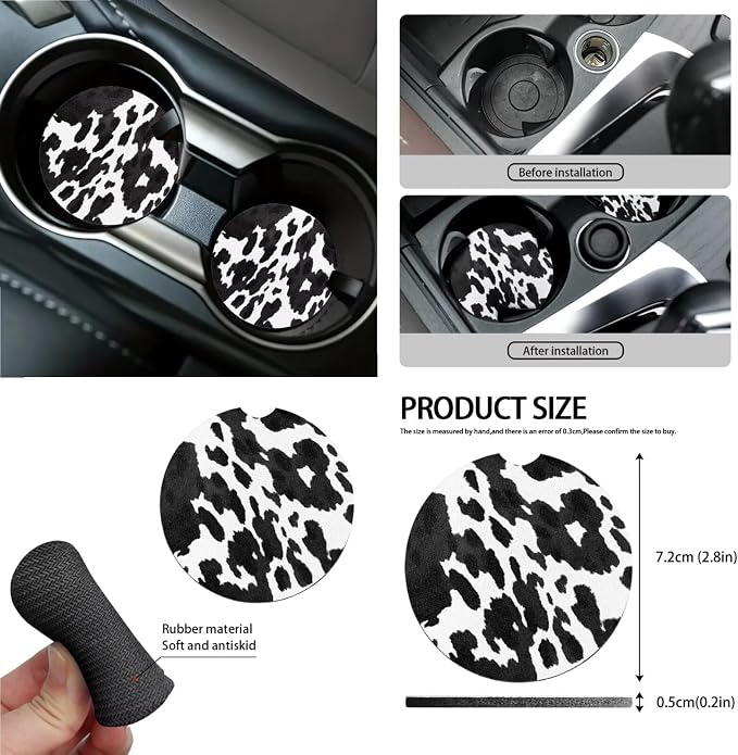 Wanyint Black Cow Print Car Seat Cover Split Covers for Women Men, Car Steering Wheel Cover Seat Belt Strap Pad Trash Bag Mount Phone Holder Rearview Mirror Accessories Cup Holder Key Chain, 15 PCS