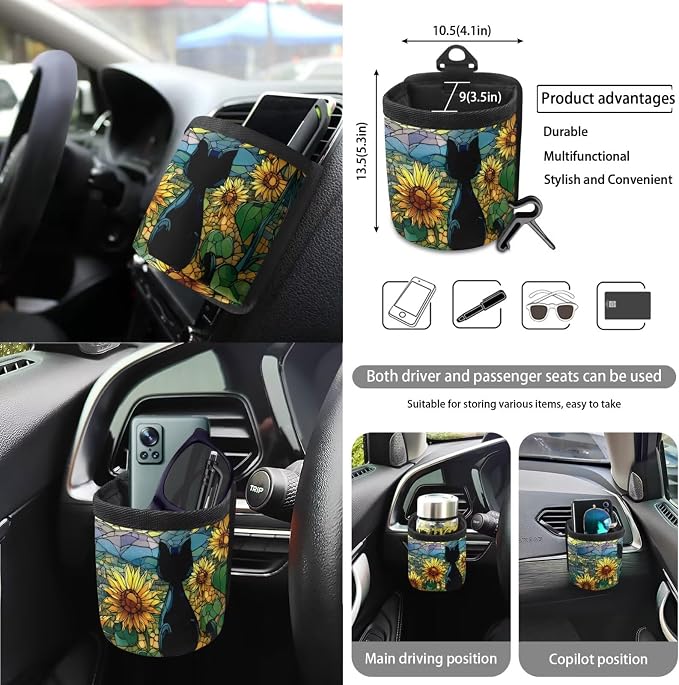 Black Cat Print Car Seat Covers Front and Back Full Set Sunflower Print High Back Bucket Seat Covers with Steering Wheel Cover Rearview Mirror Cover Safety Belt Pads Trash Can